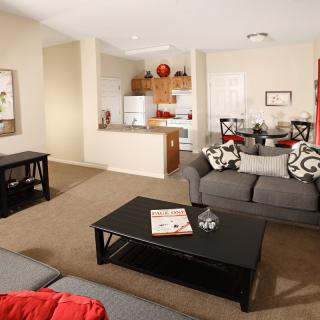 A modern living room with an open floor plan, featuring a cozy seating area, dining space, and a compact kitchen.