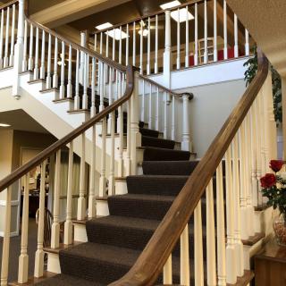 A carpeted staircase with a wooden handrail inside a building.
