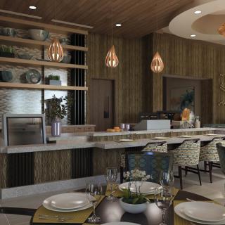 A modern restaurant interior with a stylish dining area and bar counter.
