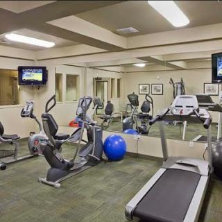 A well-equipped indoor gym featuring various exercise machines and a workout area.