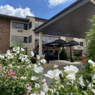 A welcoming building entrance surrounded by a garden with blooming flowers and a clear blue sky.