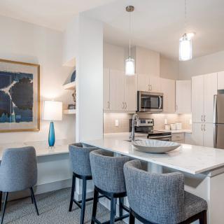 A modern kitchen with a sleek design, featuring a large countertop and stainless steel appliances.