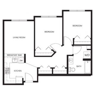 A floor plan of an apartment showing two bedrooms, a living room, a kitchen, and a bathroom.