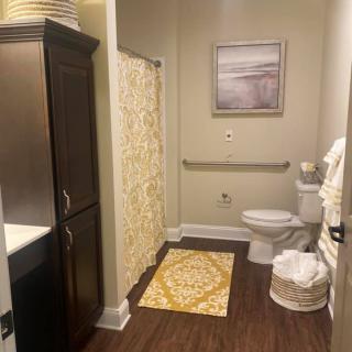 Modern bathroom with a shower, toilet, and wooden cabinetry.