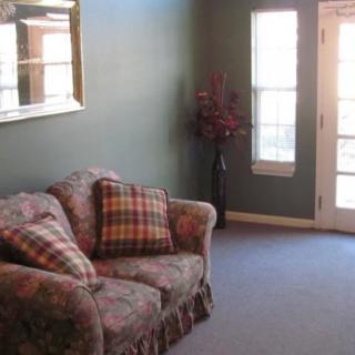 A cozy living room with a sofa, cushions, and a potted plant near large windows.