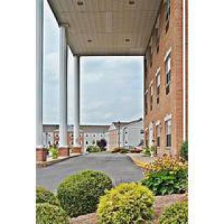 A building entrance with tall columns and neatly landscaped surroundings.