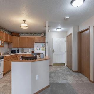 A cozy apartment kitchen with wood cabinets and a carpeted entryway.