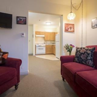 A cozy living room with red sofas, a television, and view into a kitchen area.