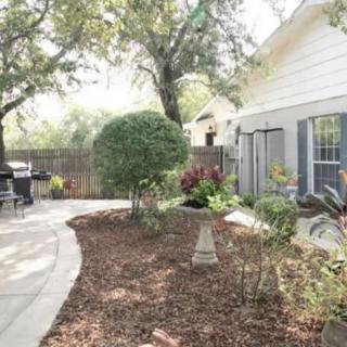 A serene garden with a winding pathway surrounded by trees and well-maintained plants.