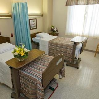 A hospital room with two beds, separated by a curtain, and a bedside table with flowers.
