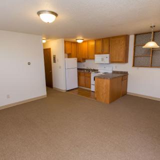 A cozy and functional kitchen area in an apartment with carpeted flooring.