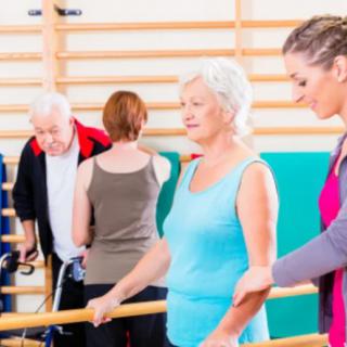 Elderly individuals participating in a physical therapy session with professional support.
