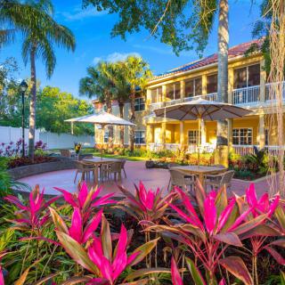 A vibrant tropical garden with a spacious patio area in front of a picturesque two-story house.