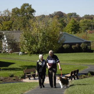 An elderly couple walking their dog along a path in a park setting.