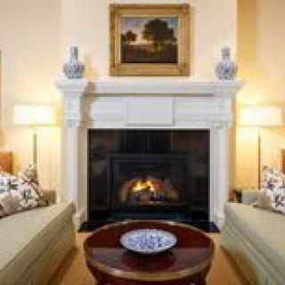 A cozy living room featuring a fireplace, elegant artwork, and comfortable seating.