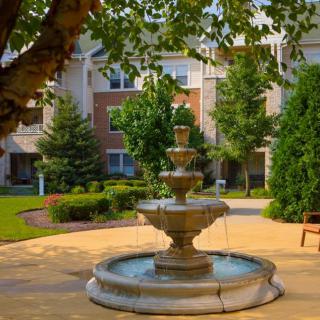 A tranquil garden with a flowing fountain surrounded by lush greenery.