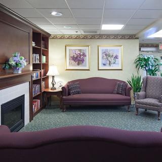 A cozy living area with a sofa, armchair, fireplace, and bookshelf adorned with artwork and indoor plants.