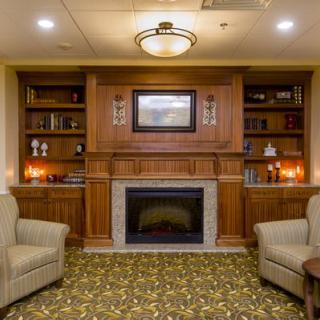 A cozy living room with a fireplace surrounded by bookshelves and armchairs.