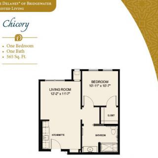 Floor plan of the Chiavy one-bedroom apartment with a living room, bedroom, kitchen, and bathroom layout.