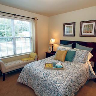 A cozy bedroom with a neatly made bed, decorative pillows, and a bedside lamp near a large window.