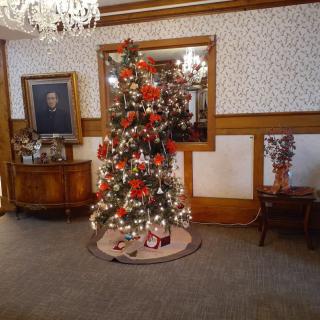 A beautifully decorated Christmas tree in a cozy, elegant living room setting.