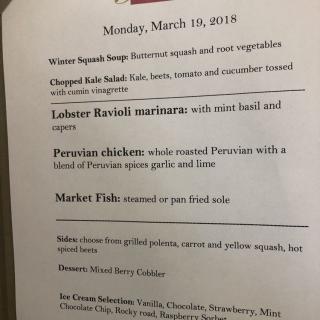 Restaurant menu featuring soups, salads, entrees including chicken and fish, and desserts.