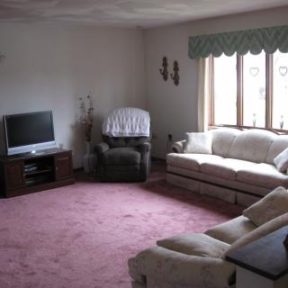 A cozy living room with a pink carpet, sofa, armchair, and television.