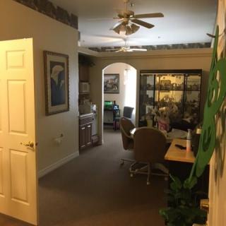 A cozy office space with furniture, plants, and artwork.