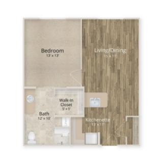 A one-bedroom apartment floor plan with designated living, dining, bathroom, and kitchen areas.
