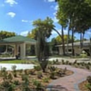 A serene garden with a winding walkway and surrounding trees under a clear blue sky.