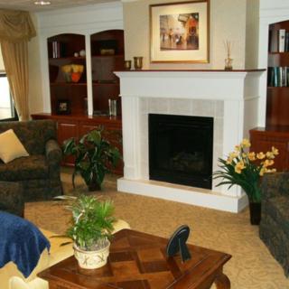 A cozy living room featuring a fireplace, comfortable seating, and decorative plants.