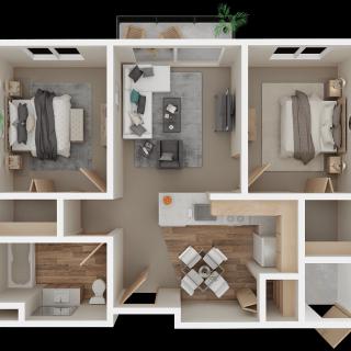 A 3D floor plan of a two-bedroom apartment layout.