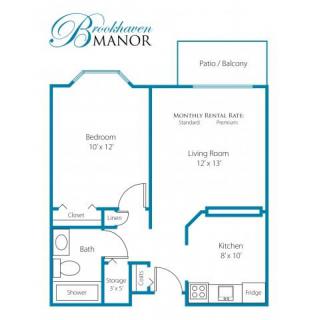 A detailed floor plan of a one-bedroom apartment at Brookhaven Manor, featuring a living room, kitchen, dining area, bathroom, and patio balcony.