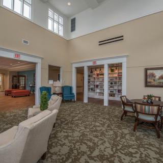 A cozy lobby area with comfortable seating and elegant decor.