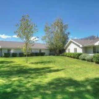 A sunny suburban backyard with a well-maintained lawn and trees.