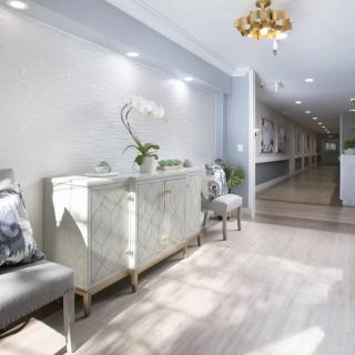 A modern and elegant hallway with stylish furniture and a decorative plant.