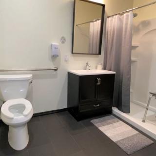A modern bathroom with a toilet, sink, and shower area.
