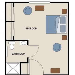 A simple floor plan depicting a bedroom with an adjoining bathroom.