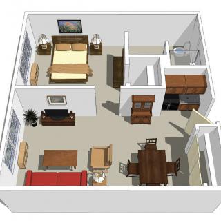 3D rendering of an apartment floor plan with one bedroom, a living room, dining area, and kitchen.