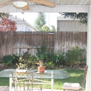 A cozy patio setup with a glass table, chairs, and potted plants in a small garden area surrounded by a wooden fence.
