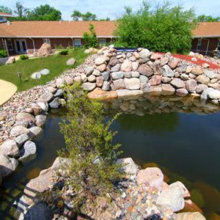 A serene garden pond surrounded by rocks in a landscaped outdoor area.