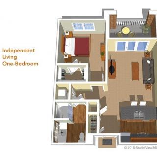 Floor plan of an independent living one-bedroom apartment.