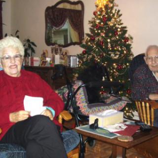 An elderly couple sitting in a living room adorned with a Christmas tree during the holiday season.