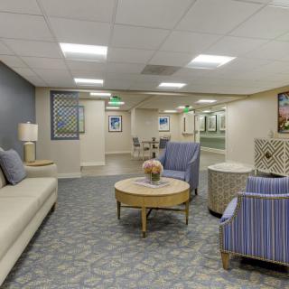 A modern lobby area with comfortable seating and stylish decor.