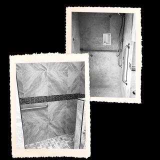 Vintage black and white photographs of a bathroom shower area.