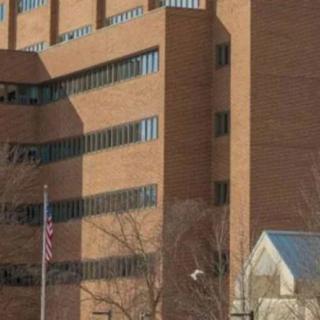 A large brick building with multiple windows, an American flag, and surrounding trees.