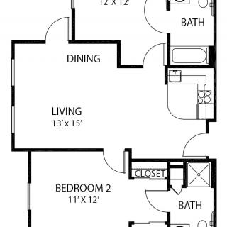 Two-bedroom apartment floor plan with living, dining, and bathroom areas.