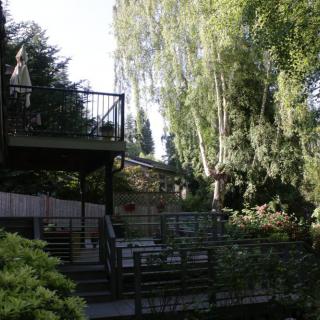 A peaceful garden setting with a deck and patio area surrounded by lush trees.