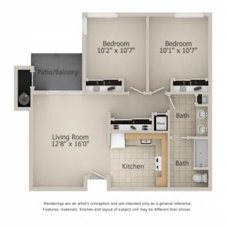 A 2-bedroom apartment floor plan featuring a living room, kitchen, and bathroom.