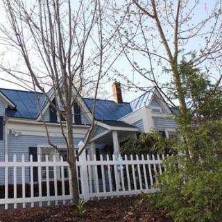 A charming house with a blue roof and white picket fence surrounded by trees.